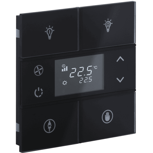 rosa-glass-2-fold-black-thermostat-and-switch-status-icon.png KNX Room Thermostat 2-Button Rosa Crystal Black INT-RCT2-0101B1 — EAE - imagine 1